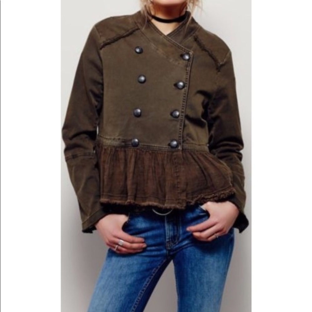 Free People Olive Military Jacket Peplum Hem